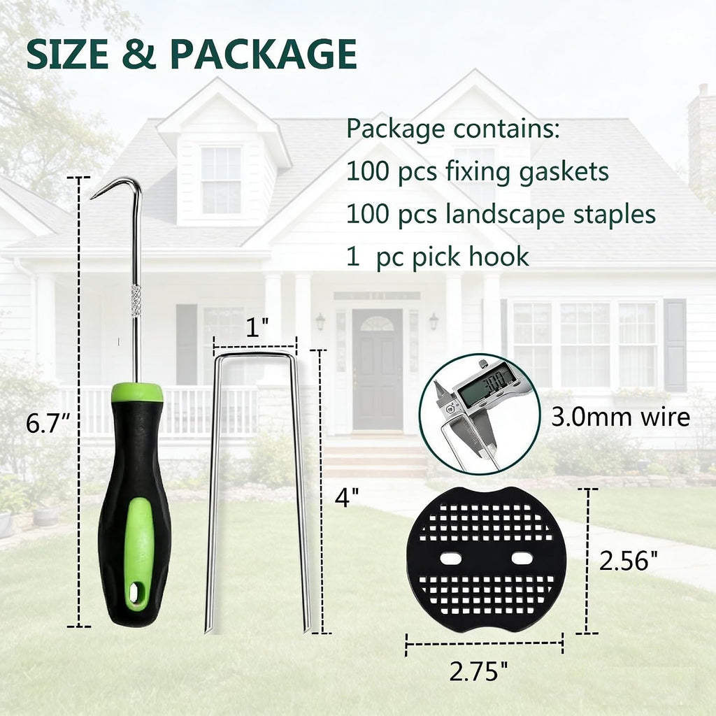 4 Inch 100 PCS Galvanized Landscape Staples with 100 PCS Gaskets, Landscape Fabric Pins Stakes Lawn Ground Cover Graden