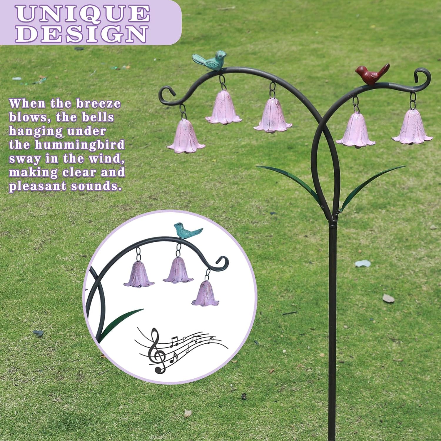 45.5"H Decorative Garden Stakes with Bells,Metal Flowers for Outside | Garden Art for Patio,Lawn, Pathway & Flower Bed