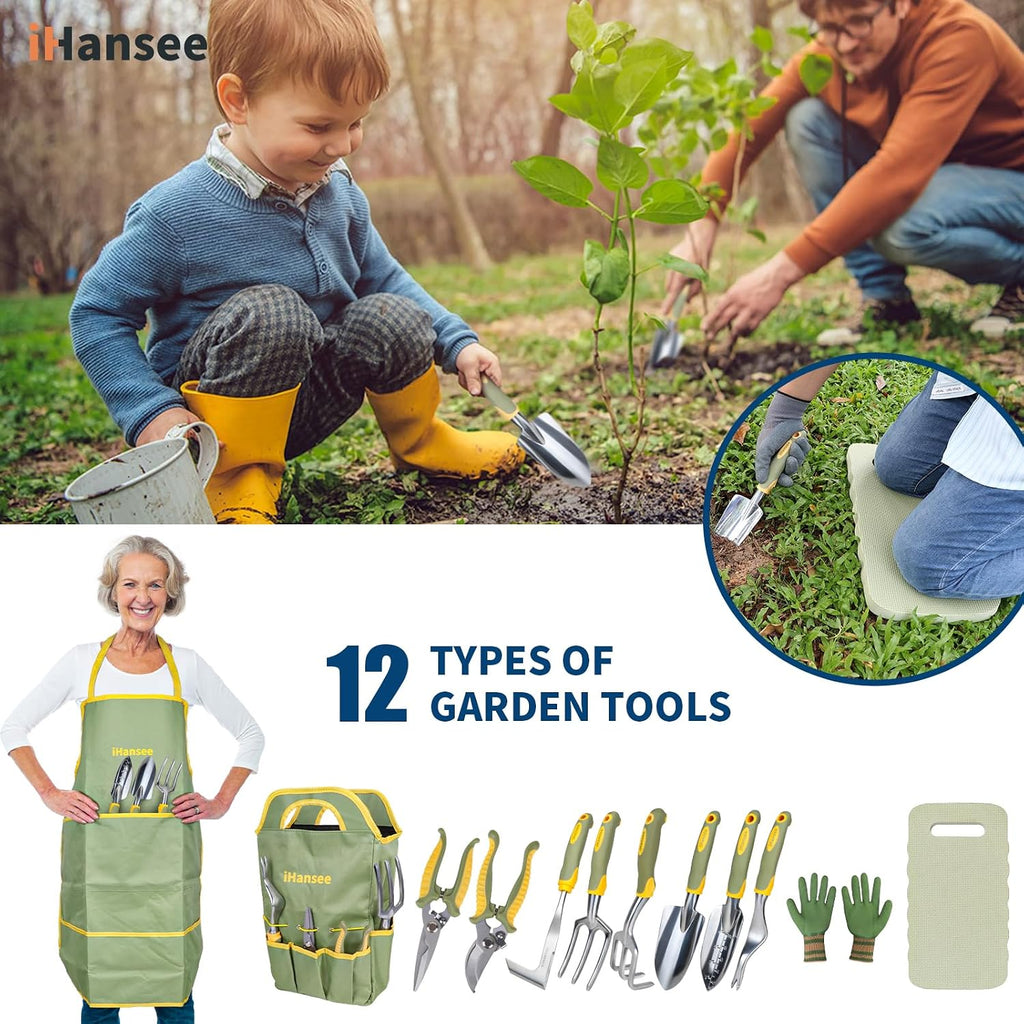 Green Garden Tools Set 12-Piece, Gardening Gifts for Women Men | Aluminum Gardening Hand Tools with Non-Slip Ergonomic