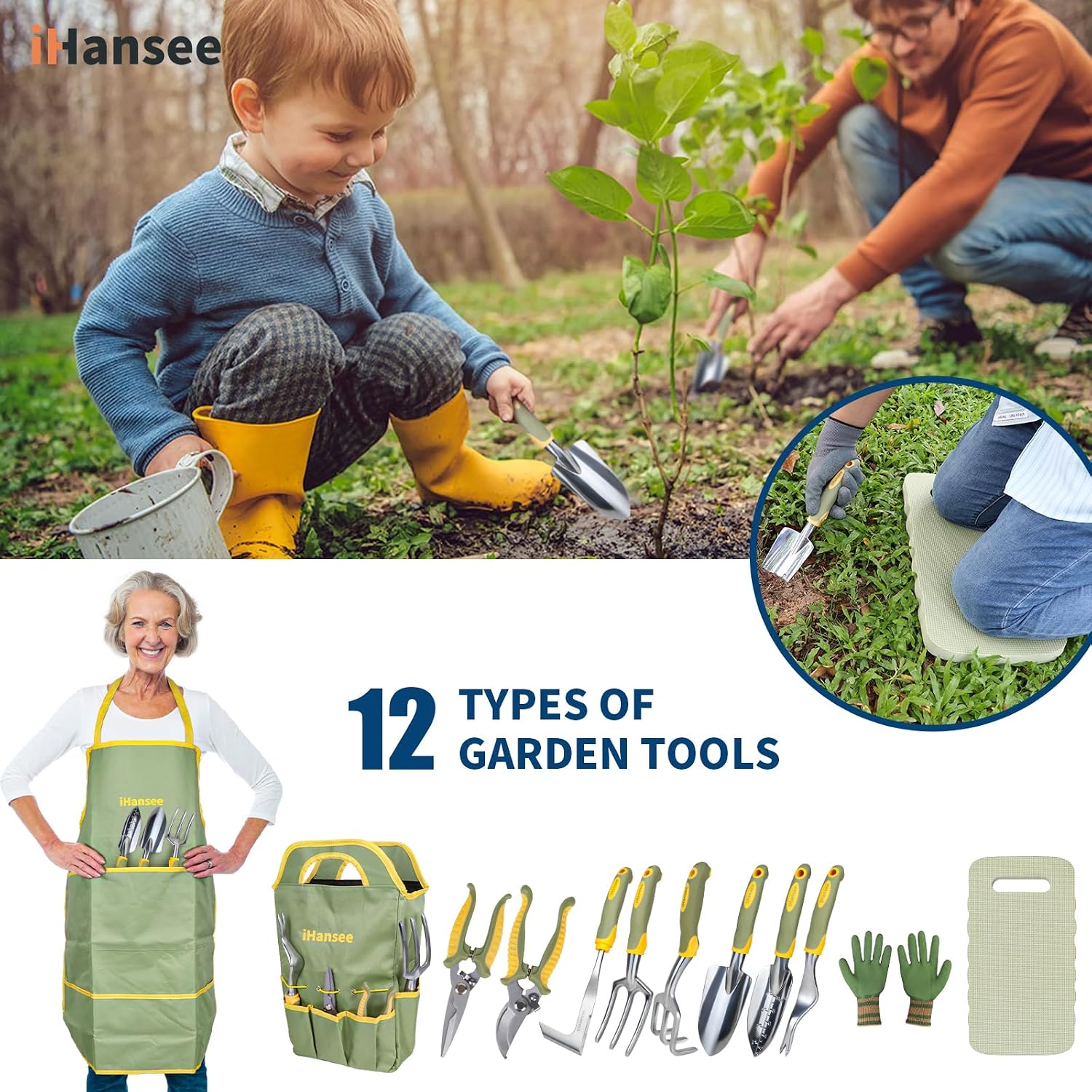 Green Garden Tools Set 12-Piece, Gardening Gifts for Women Men | Aluminum Gardening Hand Tools with Non-Slip Ergonomic
