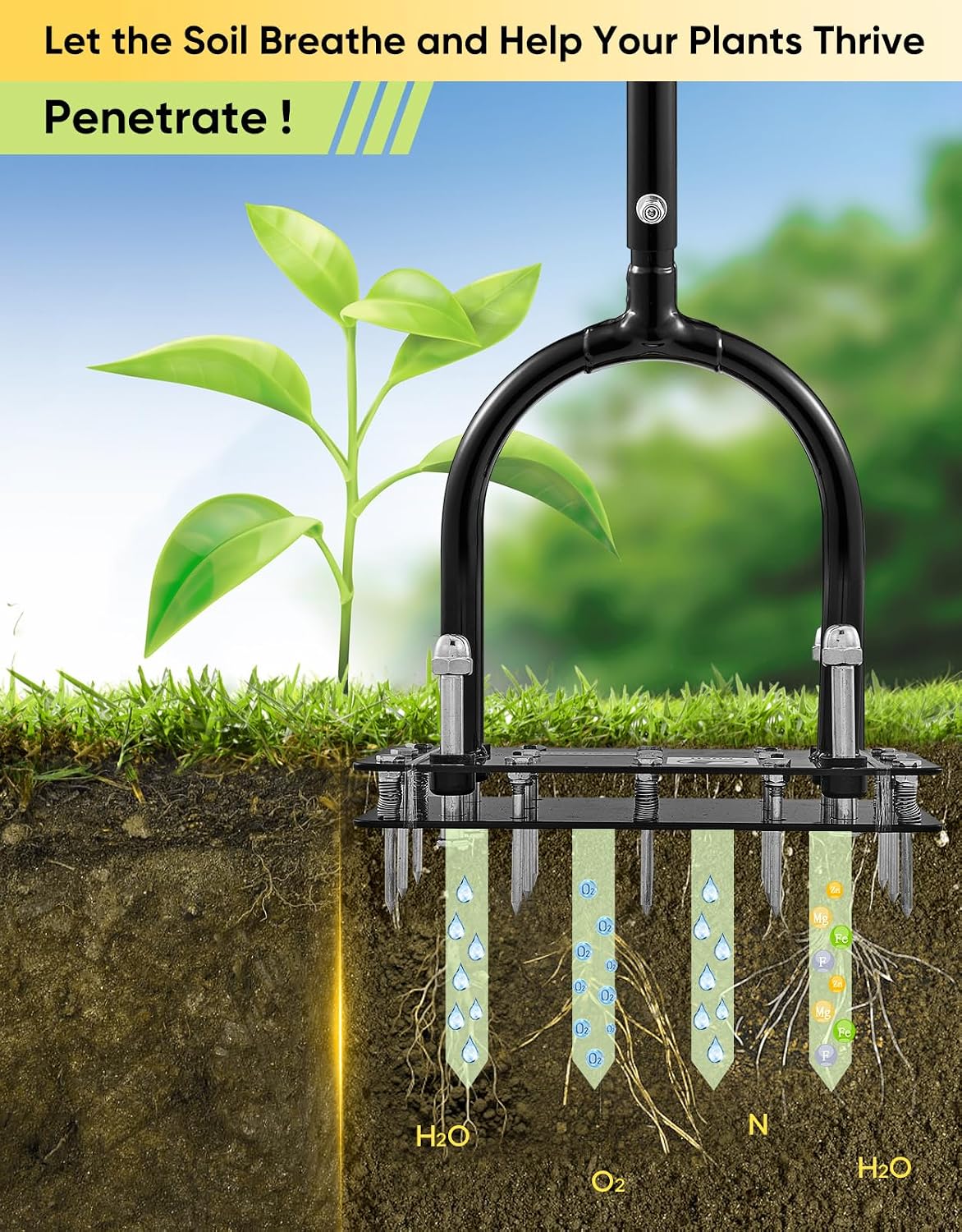 Sakerplus Aerator Lawn Tool, Hand Metal Spike Lawn Aerator with Rebounce Spring Base, Automatic Leaf and Dirt Cleaning