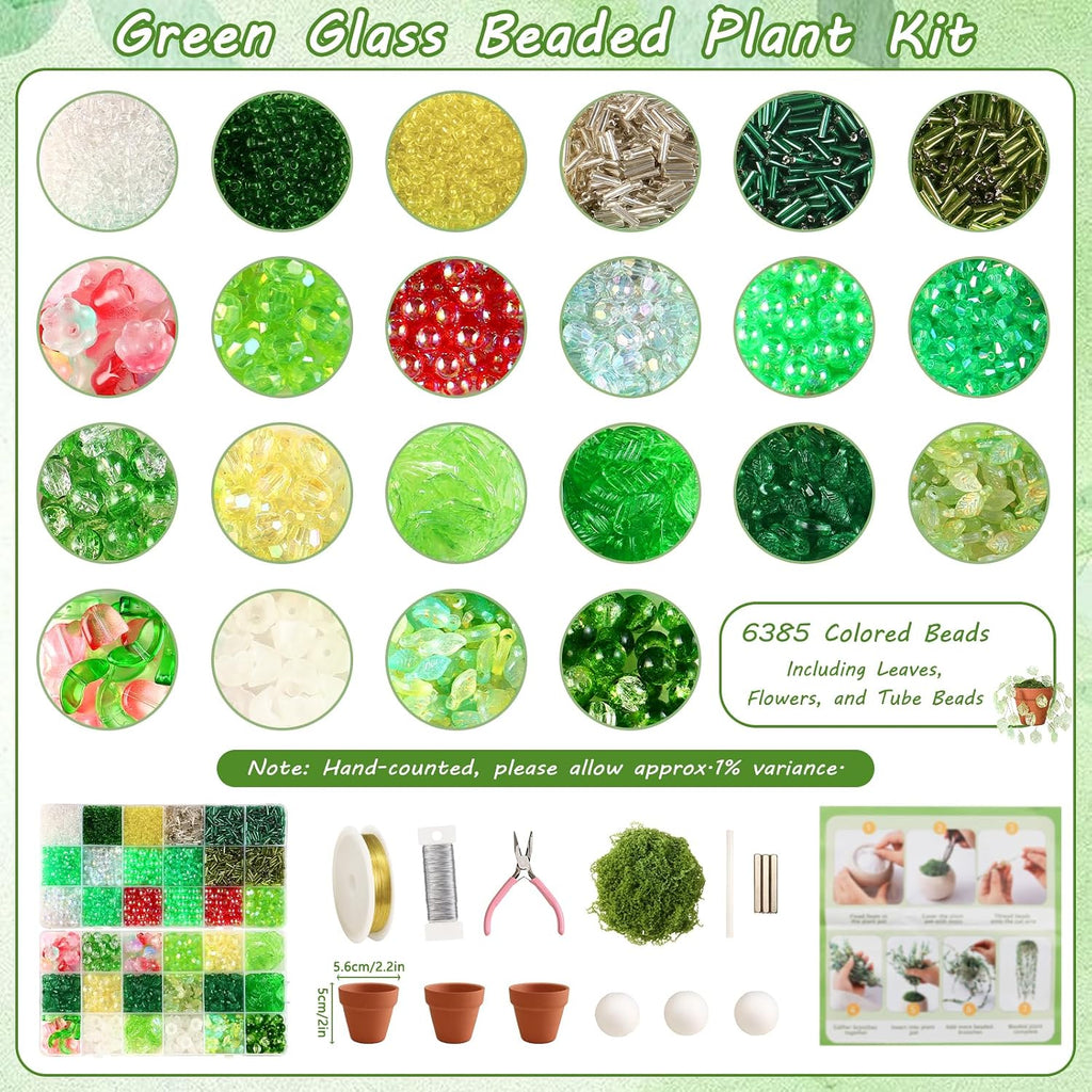 Weldomcor 6385 Pcs Beaded Plant Kit with Magnets for Fridge, Forever Green Glass Beaded Plants Leaf Flower Sun Catcher