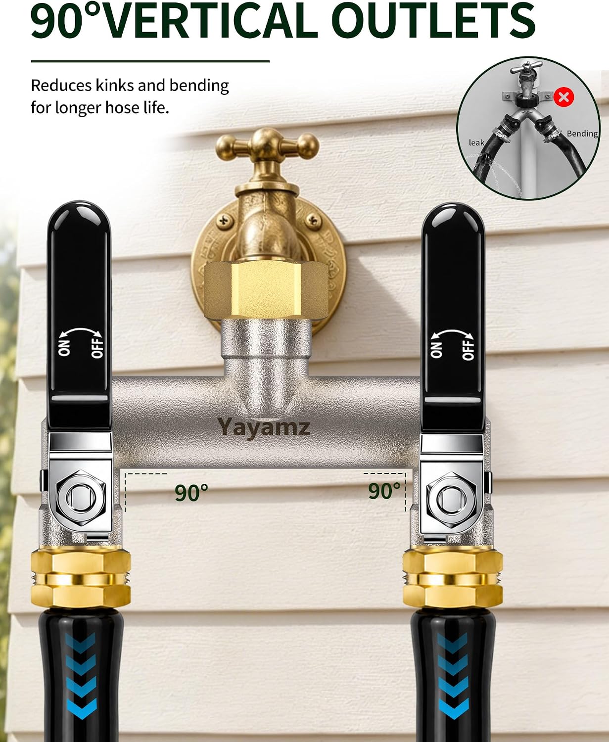 2 Way Garden Hose Splitter, 3/4" GHT Outdoor Faucet Splitter | Heavy-duty Solid Brass Body, Easy-turn Handles &
