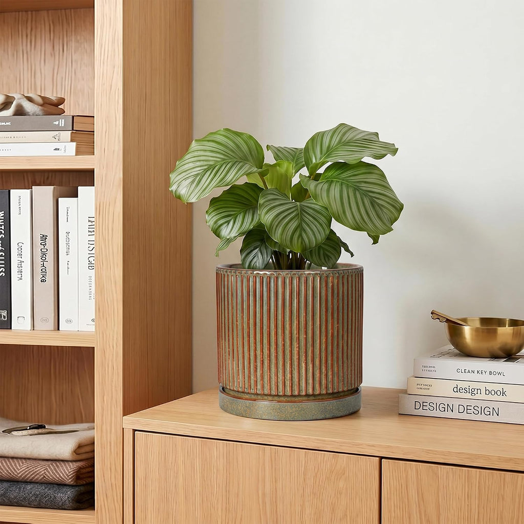 6 Inch Plant Pot, Ceramic Planters with Saucer, Retro Brown | Round Flower Pots with Drainage Hole, Indoor Pots for
