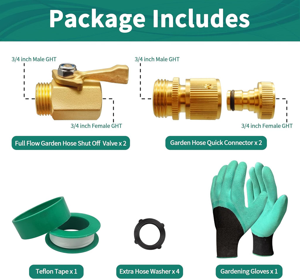 Solid Brass Garden Hose Accessories Kit - 2 Pack 3/4" GHT Full Flow Shut Off Valves & Quick Connects - Includes 8