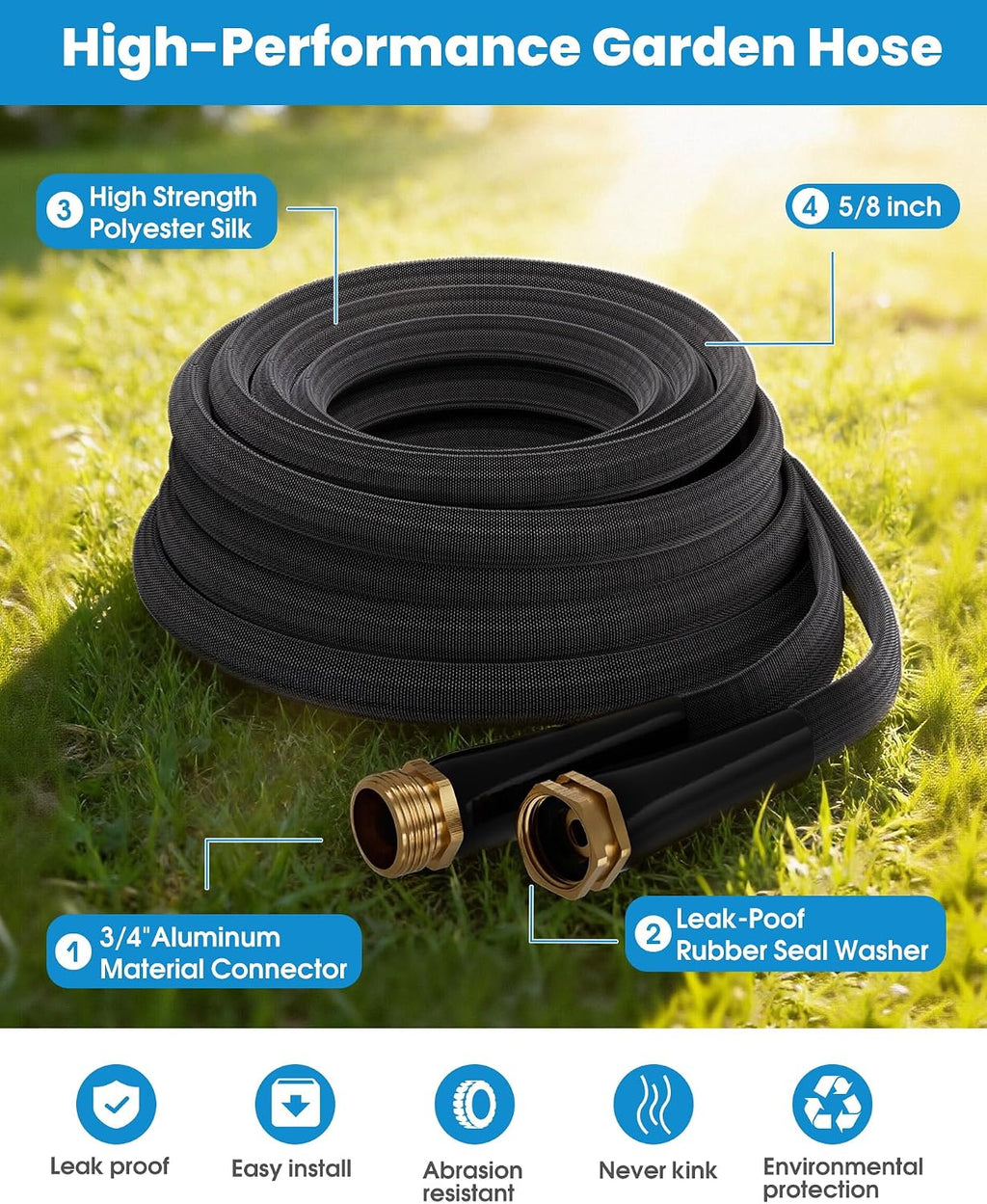 100 FT Garden Hose, Non-Expanding Water Hose, Ultra Flexible, Burst-Resistant, Kink-Free, High-Pressure Garden Hose for