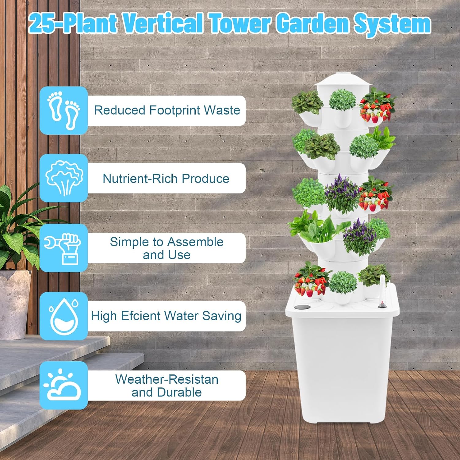 25-Plant Vertical Tower Garden System - Indoor Hydroponic Growing Kit | with Pump, Funnel & Water Level Gauge, Vertical