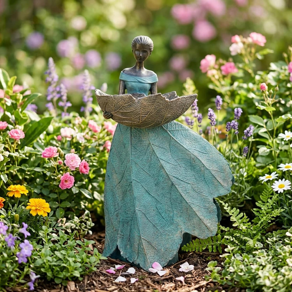 DiliComing Fairy Garden Statues Bird Feeder - 12 Inch Outdoor Fairy Statue | Resin Garden Decor, Decorative Patio Yard