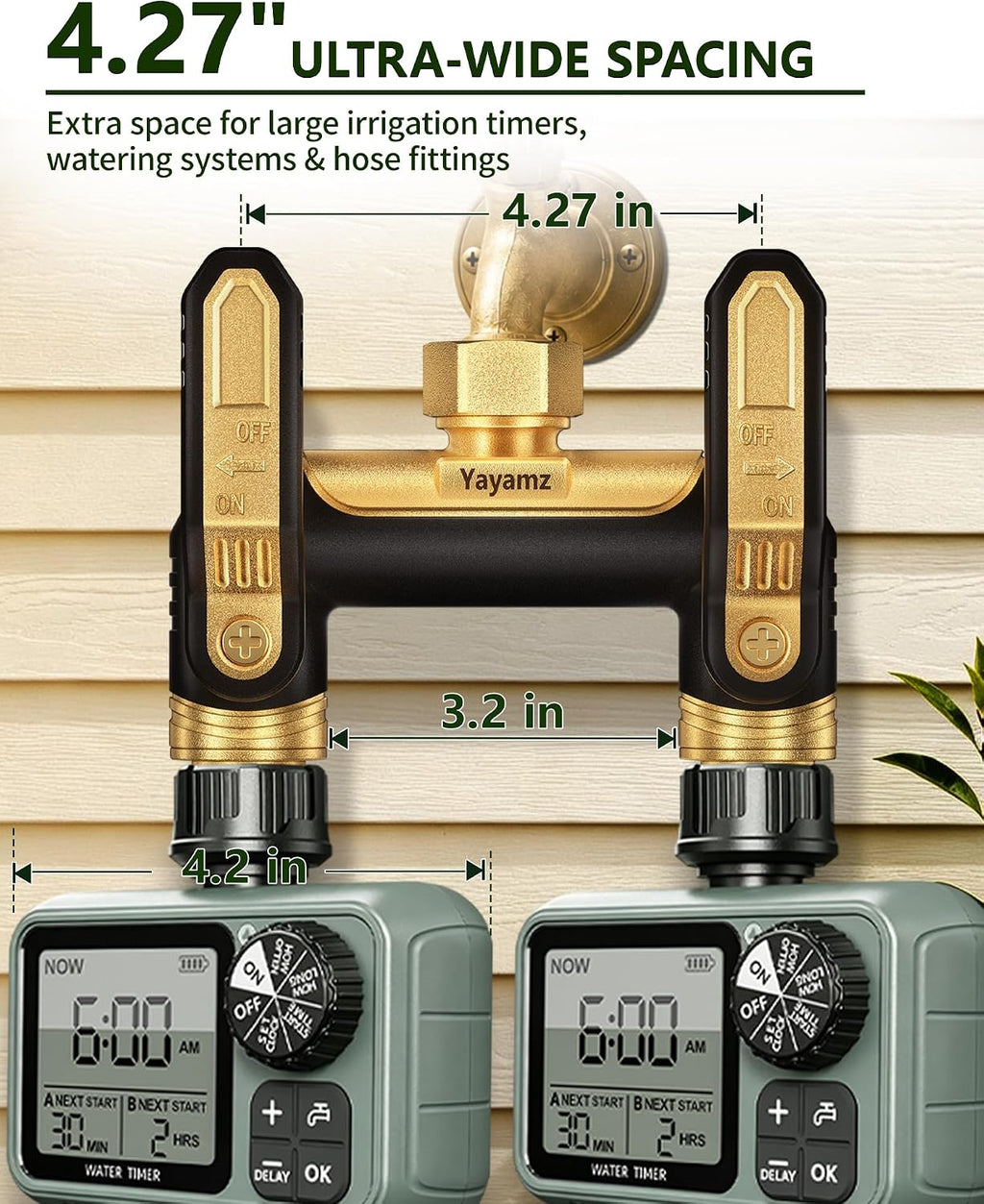 Garden Hose Splitter 2 Way, Heavy Duty Metal Water Hose Spigot Splitter | Shut Off Valves,3.6" Easy-Turn Handles,Full