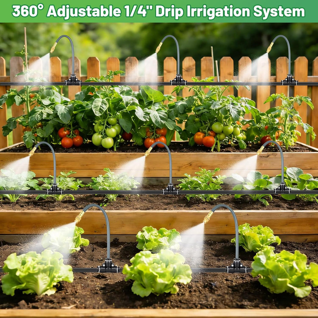 49.2Ft 1/4" Drip Irrigation System 360° Watering Misting System | Garden Bendable Watering Atomizing System with 12