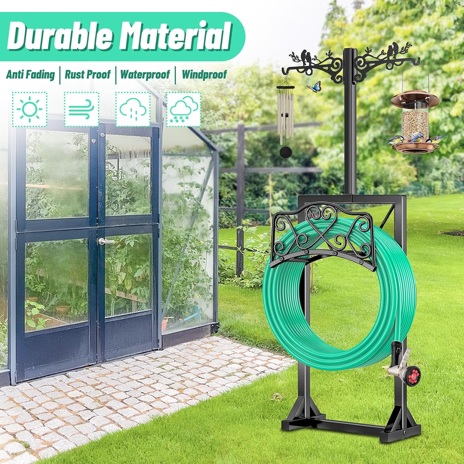 Garden Hose Holder, Freedstanding Heavy Duty Garden Water Hose Holder Stand with 2 Shepherds Hooks, Detachable Metal