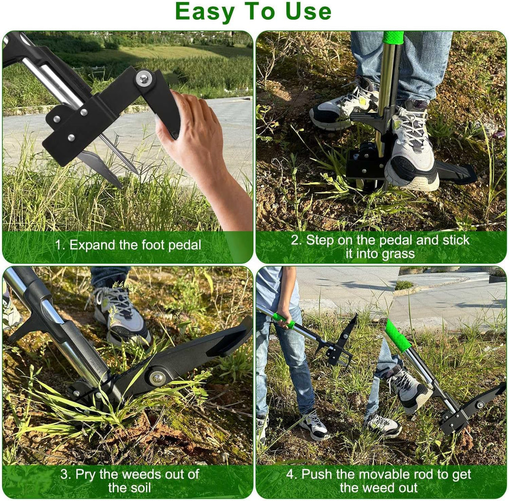 Weed Puller 38.97in Aluminum Weed Puller Stand Up Weeder Without Bending Kneeling Manual Weed Remover Tool with 4 Claws