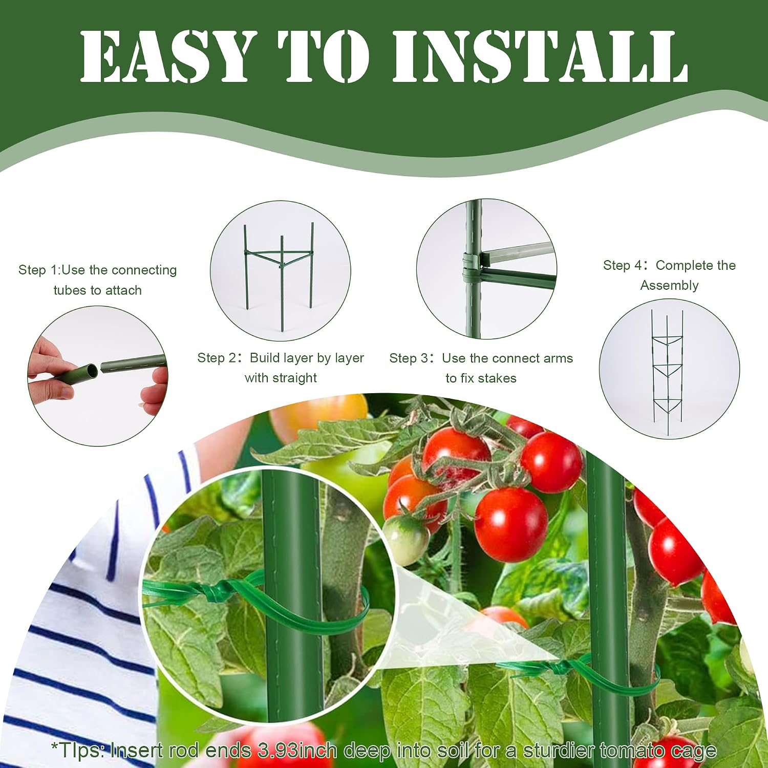 6-Pack 48'' (4ft) Tomato Cages & Trellis – Outdoor Garden Adjustable Plant Support & Stakes for Home Gardeners, Raised