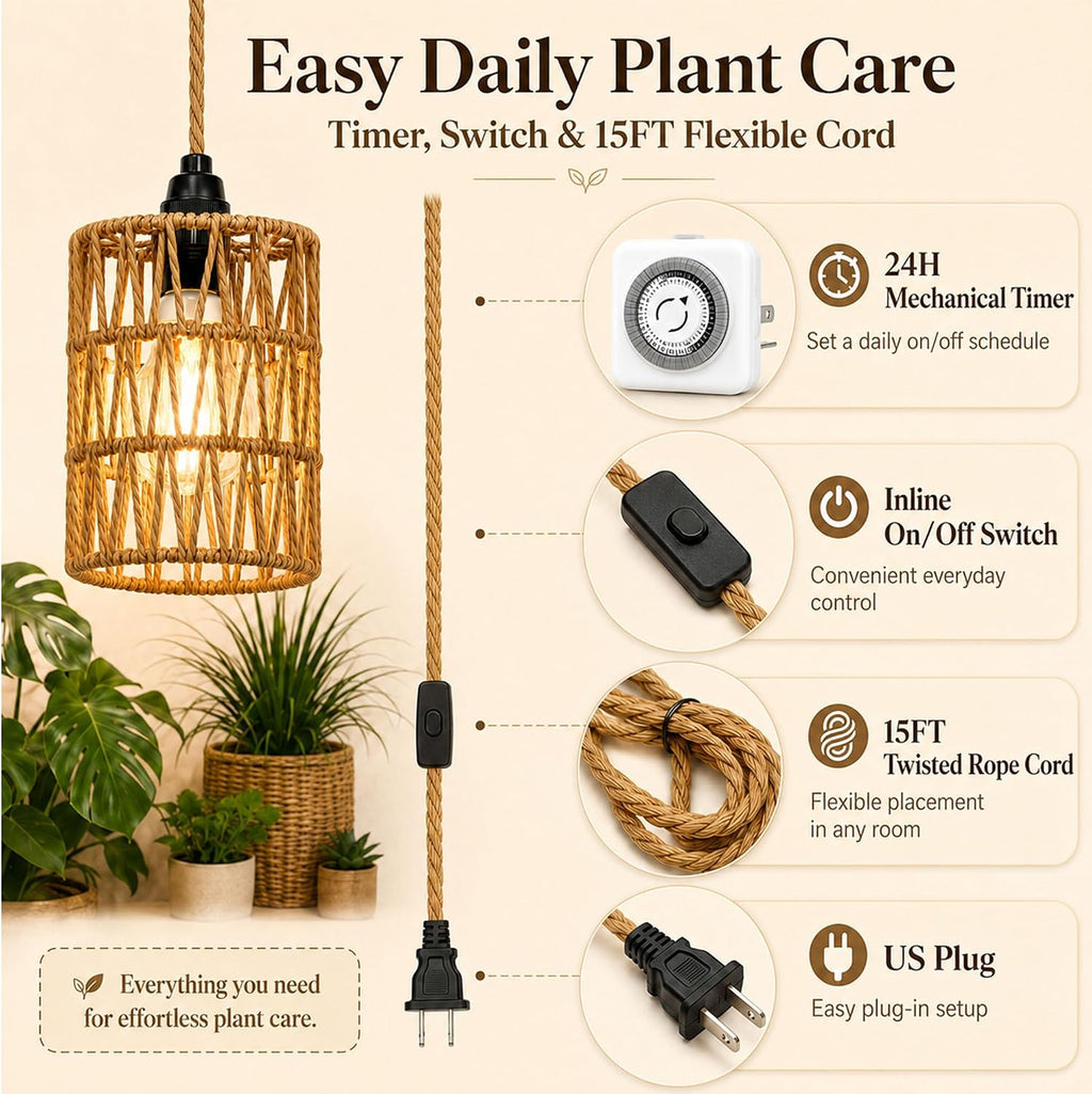 2 Pack Hanging Grow Lights for Indoor Plants Boho Rattan Plant Light | 15FT Power Cord with Timer, 15W Full Spectrum