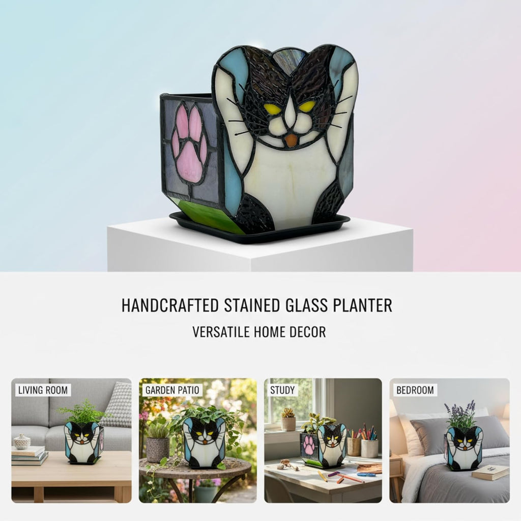 Stained Glass Black Cat Planter, Succulent Pot with Drainage, Indoor Plant Container, Decorative Pencil Holder, Teacher