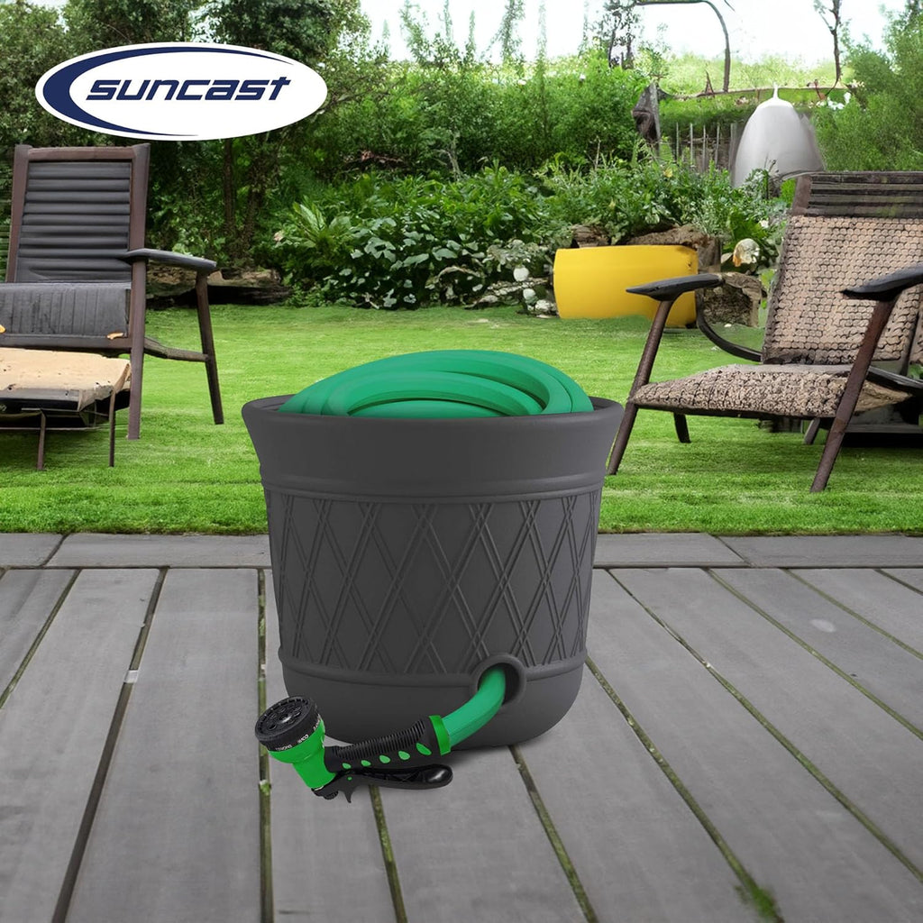 Suncast Lattice Hose Pot for Outdoor Garden Storage, Peppercorn - Holds 300 ft Expandable or 50 ft Standard 5/8" Vinyl