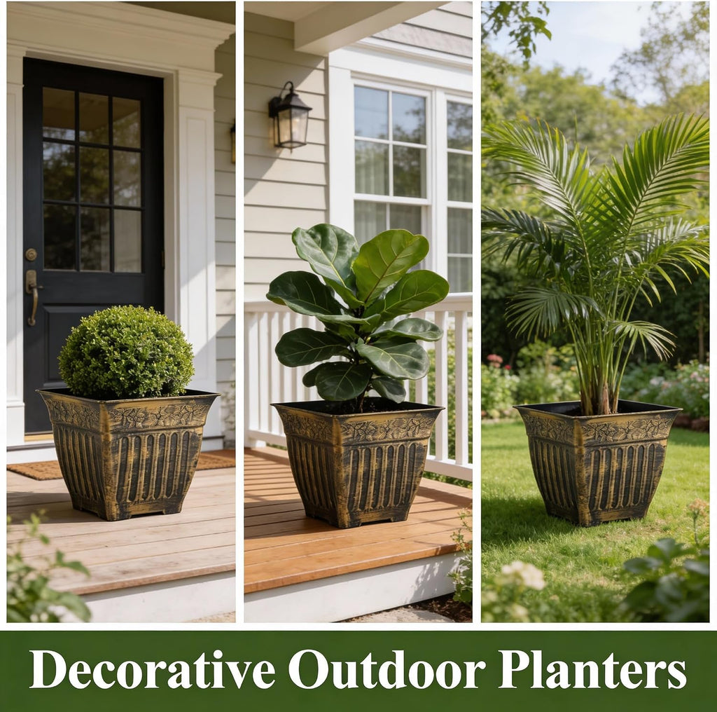 4-Pack 14 Inch Large Square Planters, Embossed Leaf Pattern, Antique Gold | Durable Plastic Plant Pots with Drainage &