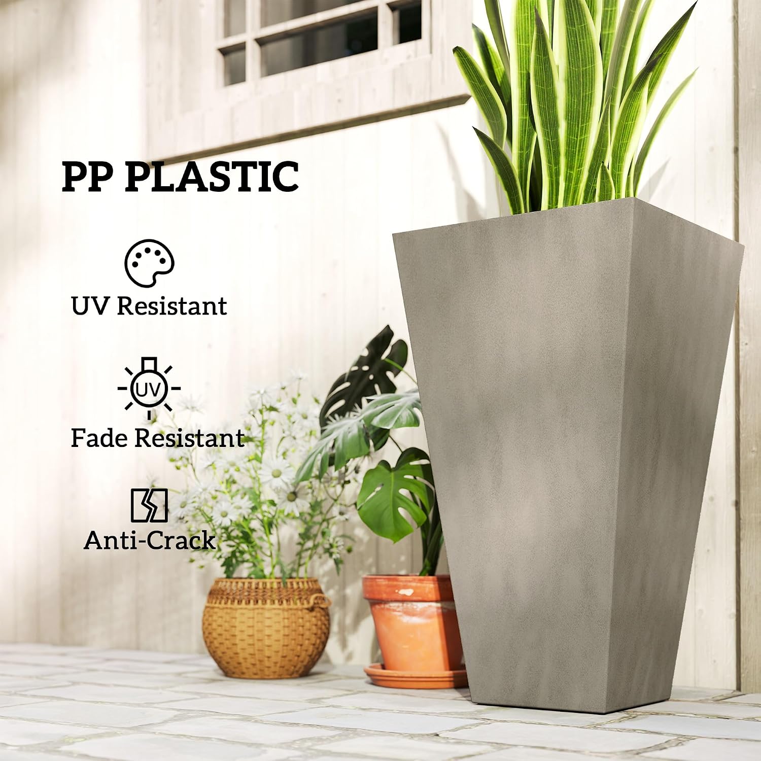 Outsunny 28 in Tall Planters for Outdoor Plants with Drainage Holes, Grey | Set of 3, Taper Planters, Indoor Grande