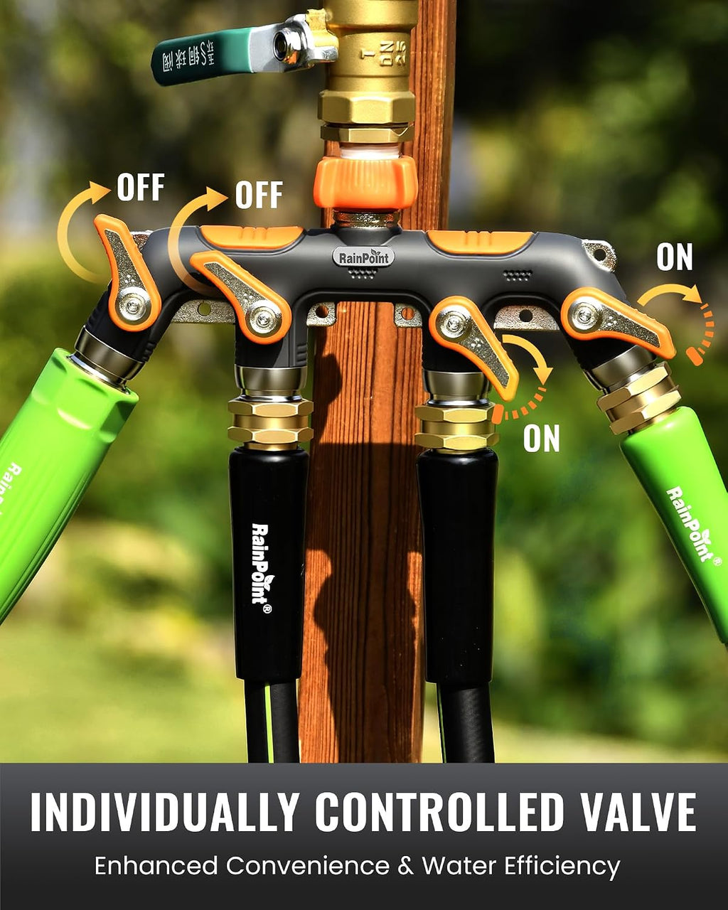 RAINPOINT 4 Way Garden Hose Splitter, 100% Metal Heavy Duty Water Hose Splitter with Individual Shut-Off Valves, 3/4"