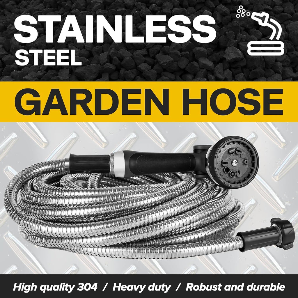 Metal Garden Hose Water Hose 100ft Heavy Duty Stainless Steel Water Pipe with Sprayer & Nozzle Flexible Lightweight