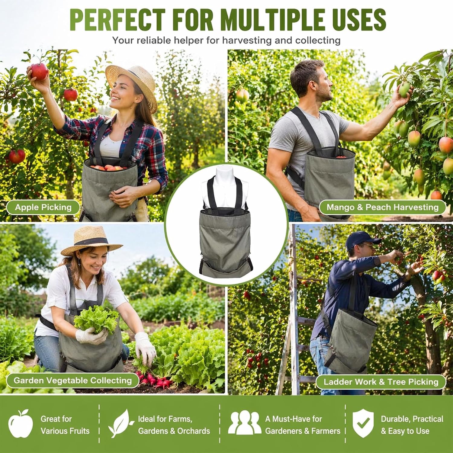 FCOUIID Harvest Apple Picking Bag - Waterproof 600D Fruit Storage Apron Pouch for Outdoor Orchard, Farm, Garden, Heavy