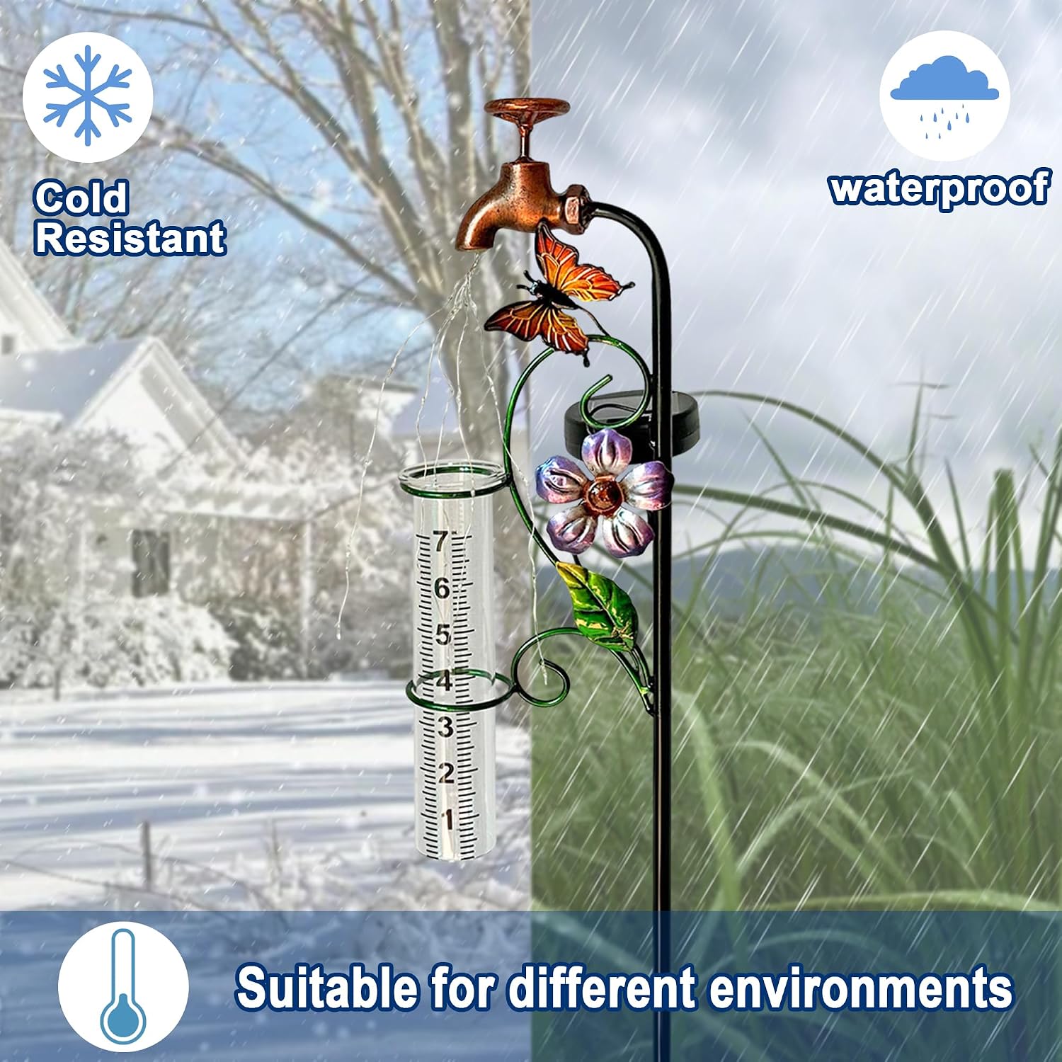Decorative Rain Gauge Garden Stake with Butterfly and Flower Design, Copper Faucet Style, Metal Garden Decor