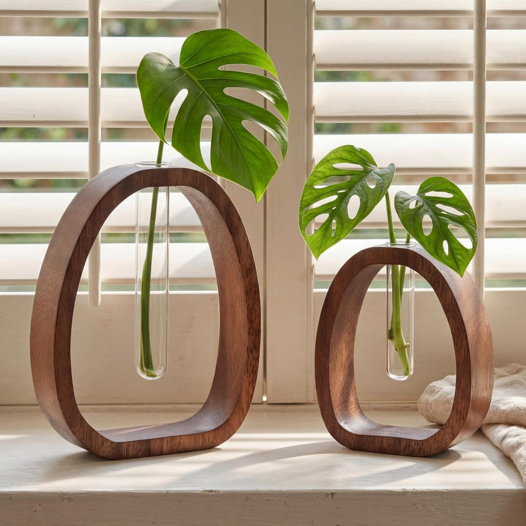 Houmury Walnut Wood Propagation Station Set of 2 Hydroponic Glass Test Tube Vases 7.5” & 5.8” for Plants Cuttings