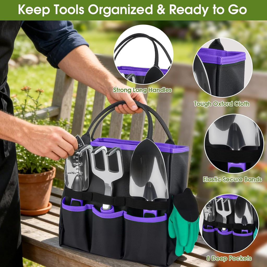 WOWBOX Garden Tools Set, 10 PCS Heavy Duty Gardening Hand Tools Kit, Purple | Gardening Tool Set with Storage Tote
