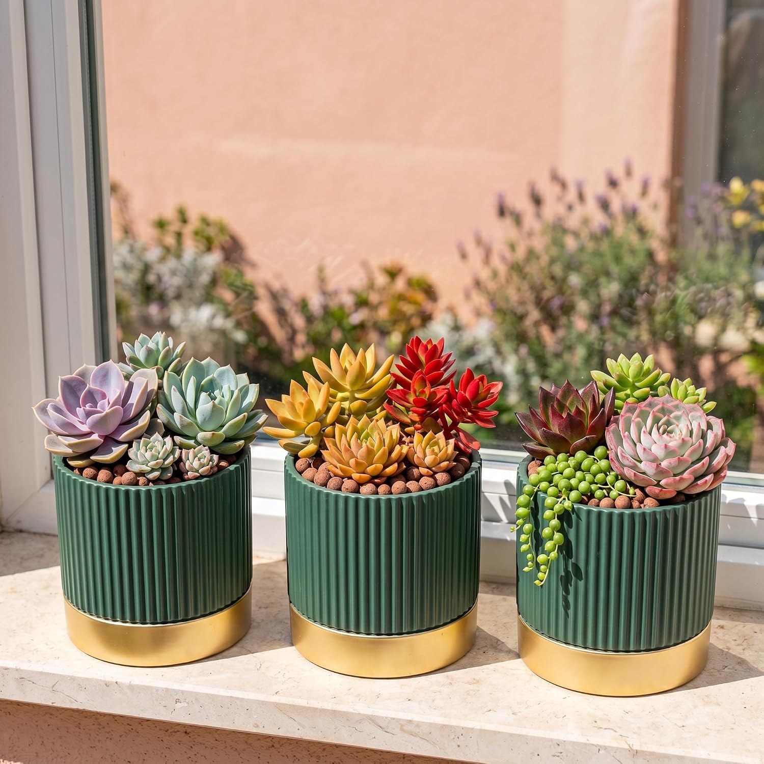 3-Pcs 4 Inch Cement Planters Set - Vintage Ribbed Flower Pots with Gold Rim and Drainage Holes, Modern Ceramic