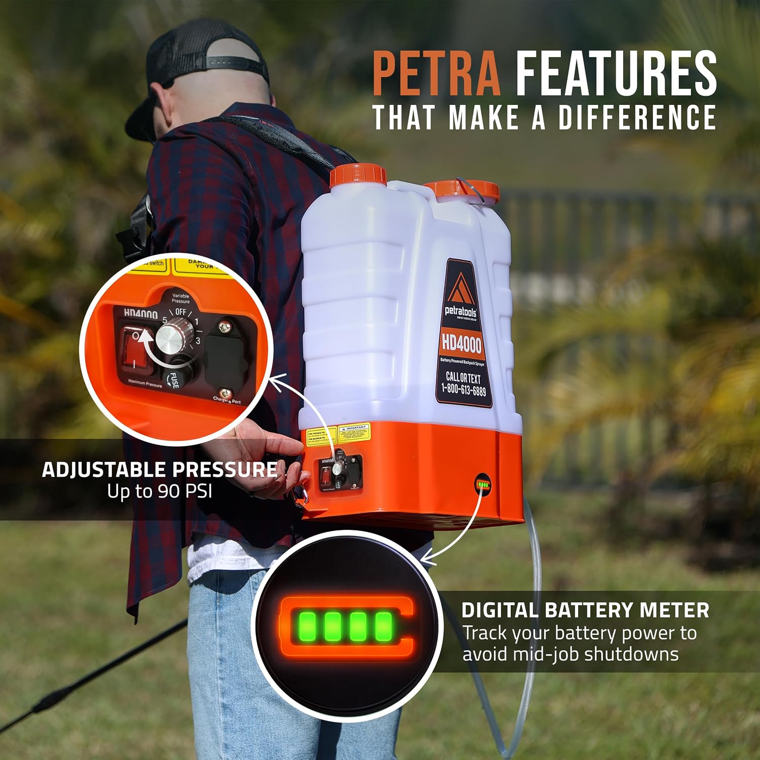 PetraTools HD4000 Battery Powered Backpack Sprayer, 6 Hr Runtime, 6 Nozzles | Electric Sprayer for Lawn & Garden w/