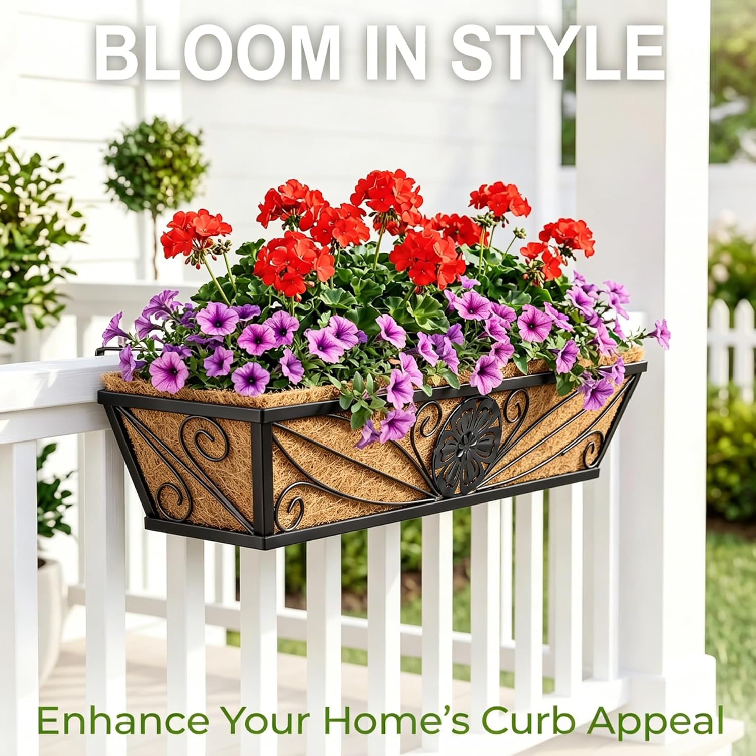 4 Pack 24 Inch Railing Planter Boxes | With Coco Liner, Floral Scroll Metal Window Box Planters, Classic Scrollwork