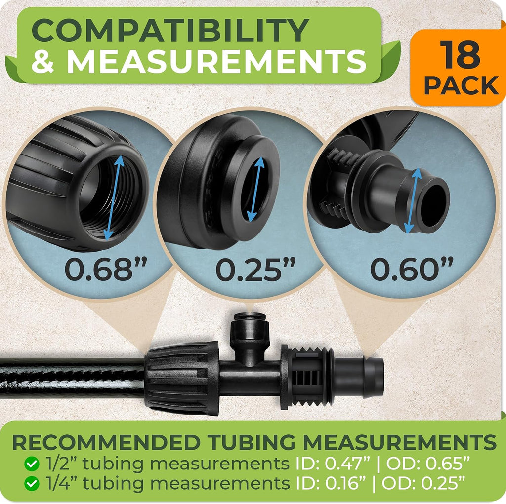 Drip Irrigation Parts - Set 18PCS 1/2 and 1/4 inch Fittings Kit for Quick Connect System - Leak Free Accessories