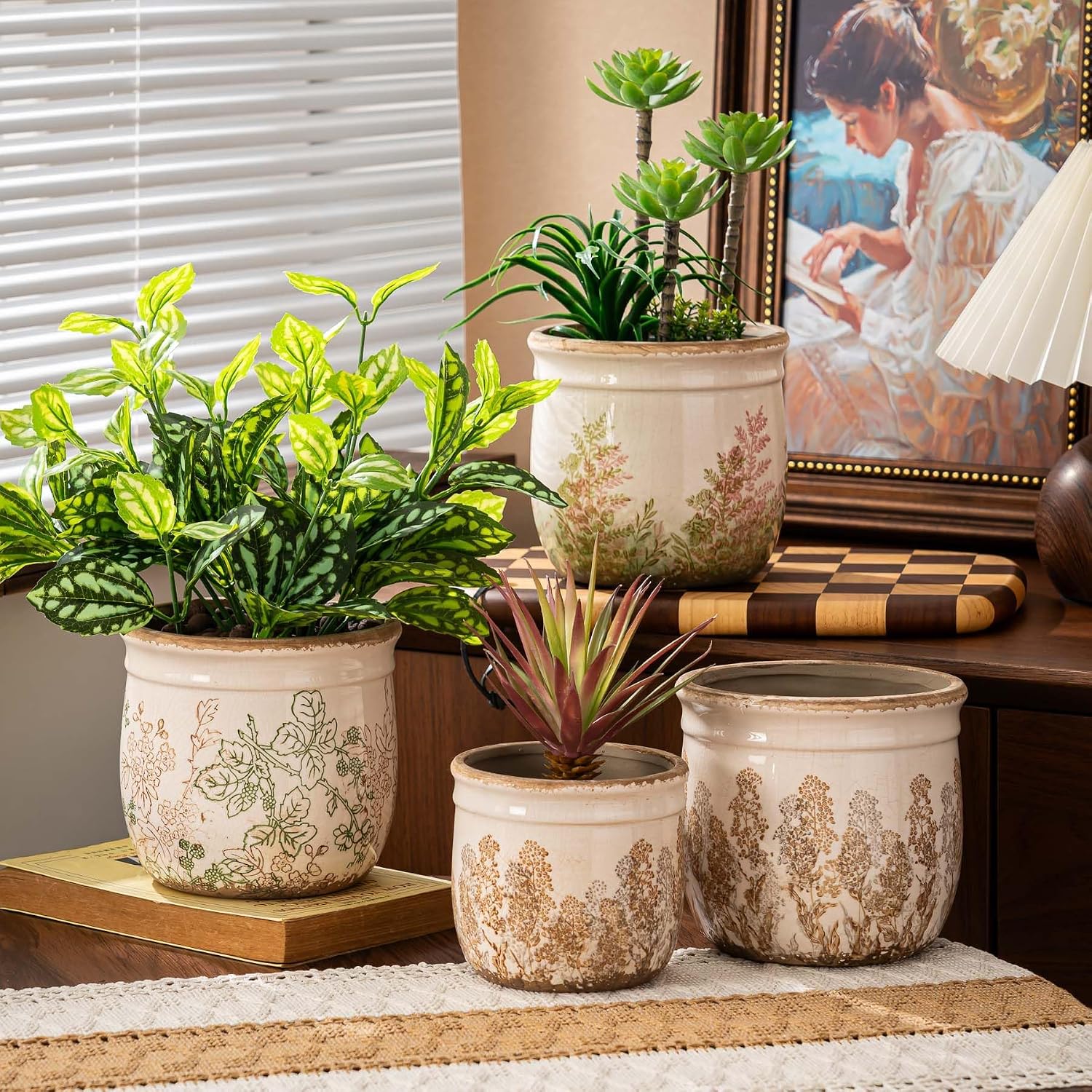 SURE YUESI Ceramic Plant Pots Set of 2, 4.7+5.7 Inch Vintage Indoor Planters with Drainage Hole, Farmhouse Ceramic