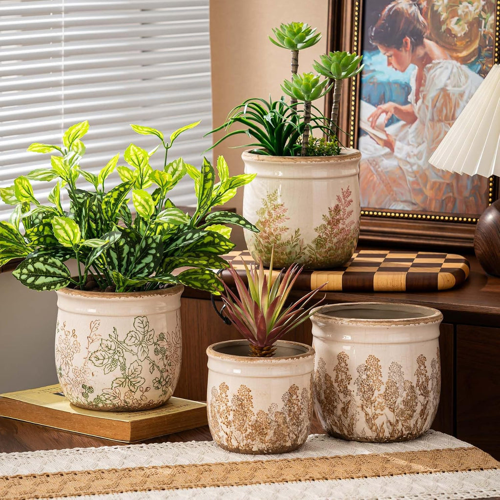 SURE YUESI Ceramic Plant Pots Set of 2, 4.7+5.7 Inch Vintage Indoor Planters with Drainage Hole, Farmhouse Ceramic