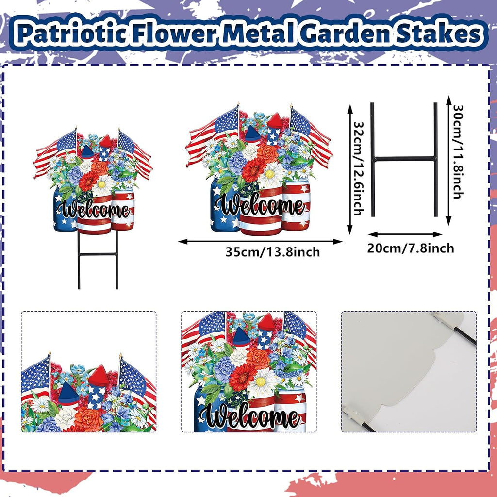 JarThenaAMCS Patriotic Flower Metal Garden Stakes 4th of July American Flag Floral Vase Decorative Lawn Sign Welcome