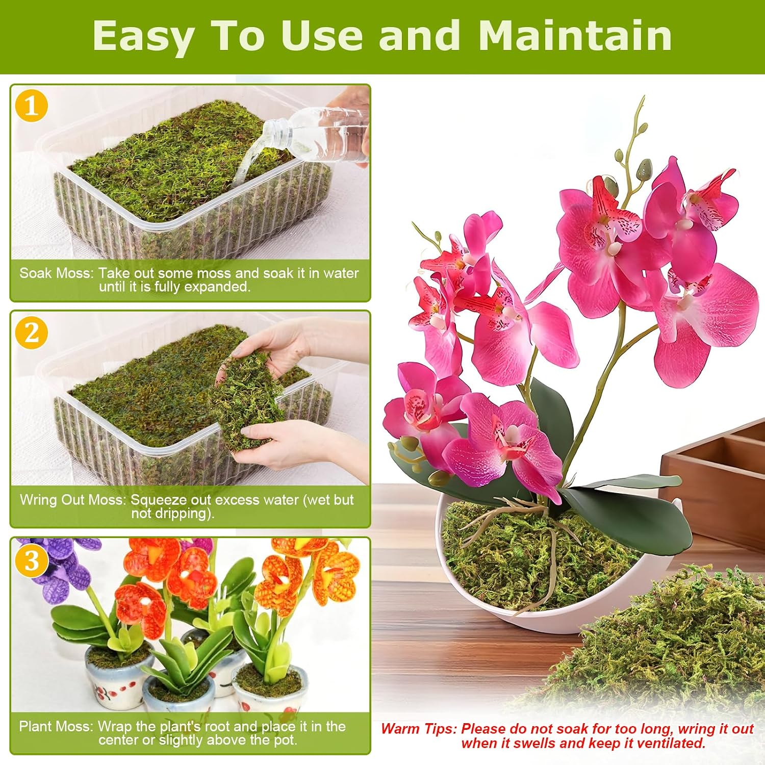 4.4LB Sphagnum Moss for Plants, 80QT Natural Long Fiber Orchid Moss | Drainage & Moisture Retention, Green Plant Moss