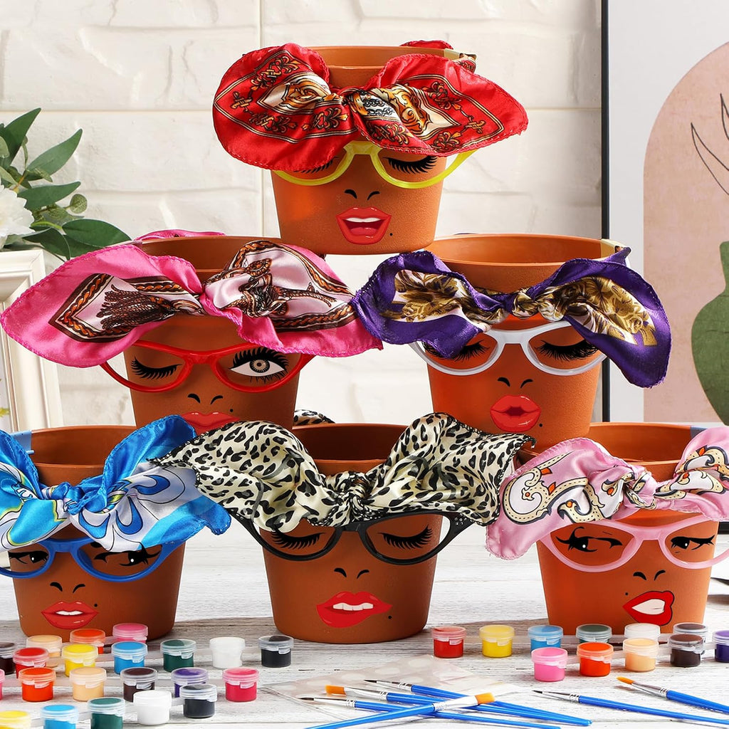 Sliner 6 Set Cute Face Flower Pot Planter Funny Plant Pots Painting Kit Include Glasses Silk Scarf Acrylic Paint