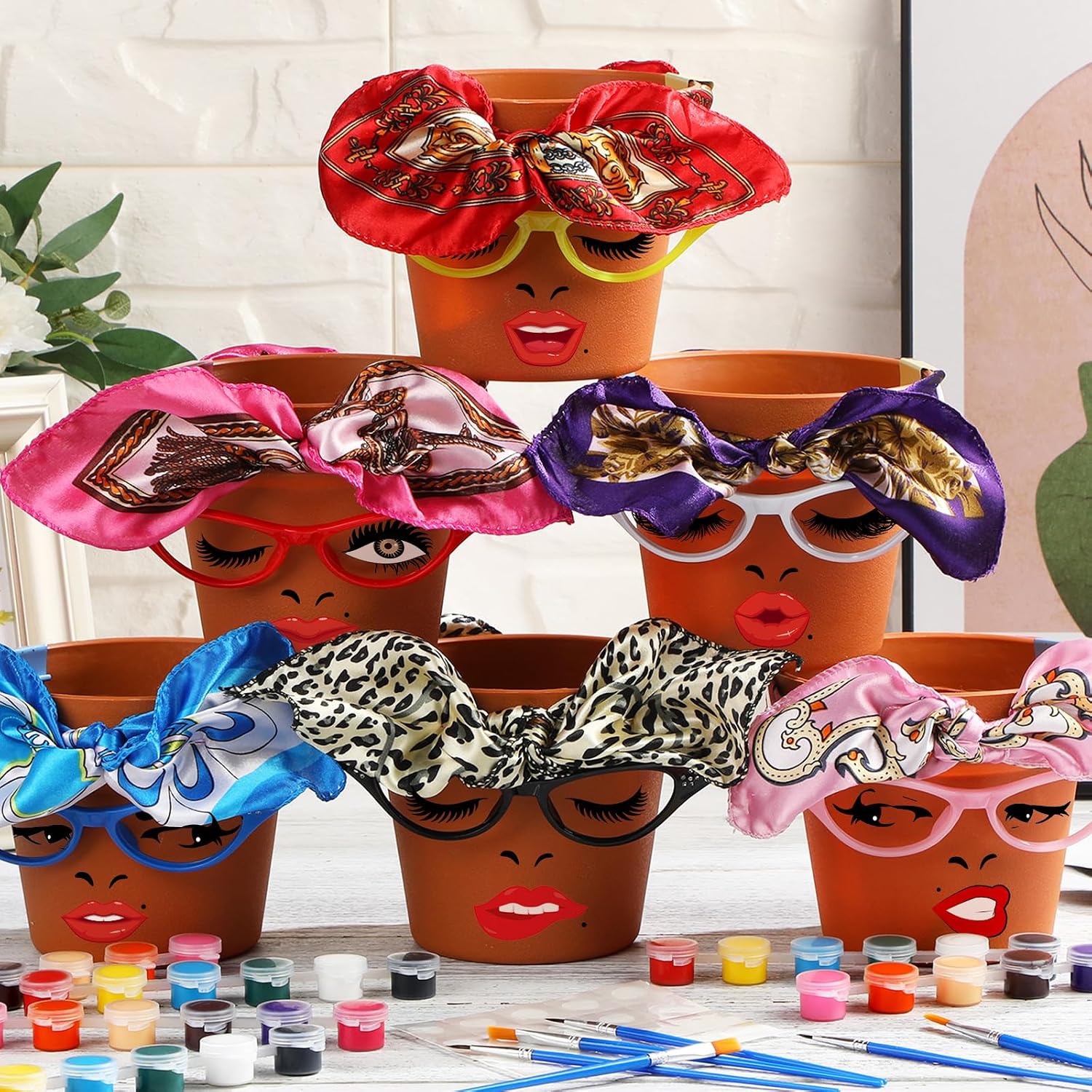 Sliner 6 Set Cute Face Flower Pot Planter Funny Plant Pots Painting Kit Include Glasses Silk Scarf Acrylic Paint