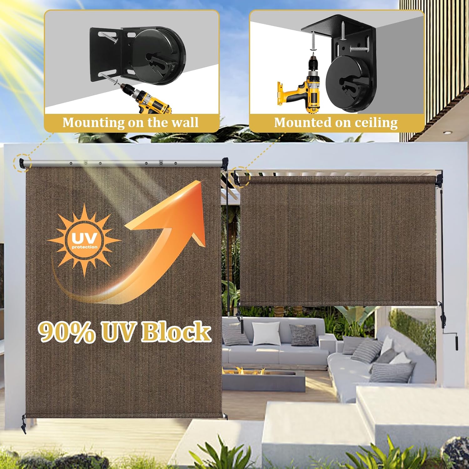 Shade&Beyond Outdoor Roller Shades with Splicing Design, 5' W x 8' H Cordless Patio Roll Up Blinds, Exterior Shade