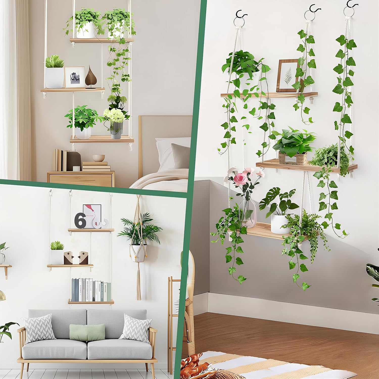 Window Plant Shelves 3-Tier Boho Window Sill Plant Shelf Indoor Hanging Wood Window Plant Hanger for Plants Herb