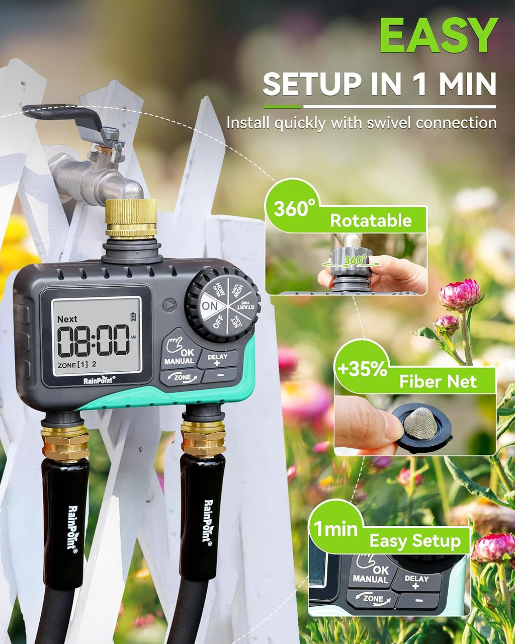 RAINPOINT 2 Zone Sprinkler Timer with Brass Inlet and Outlet - Water Timer for Garden Hose with Rain Delay/Manual