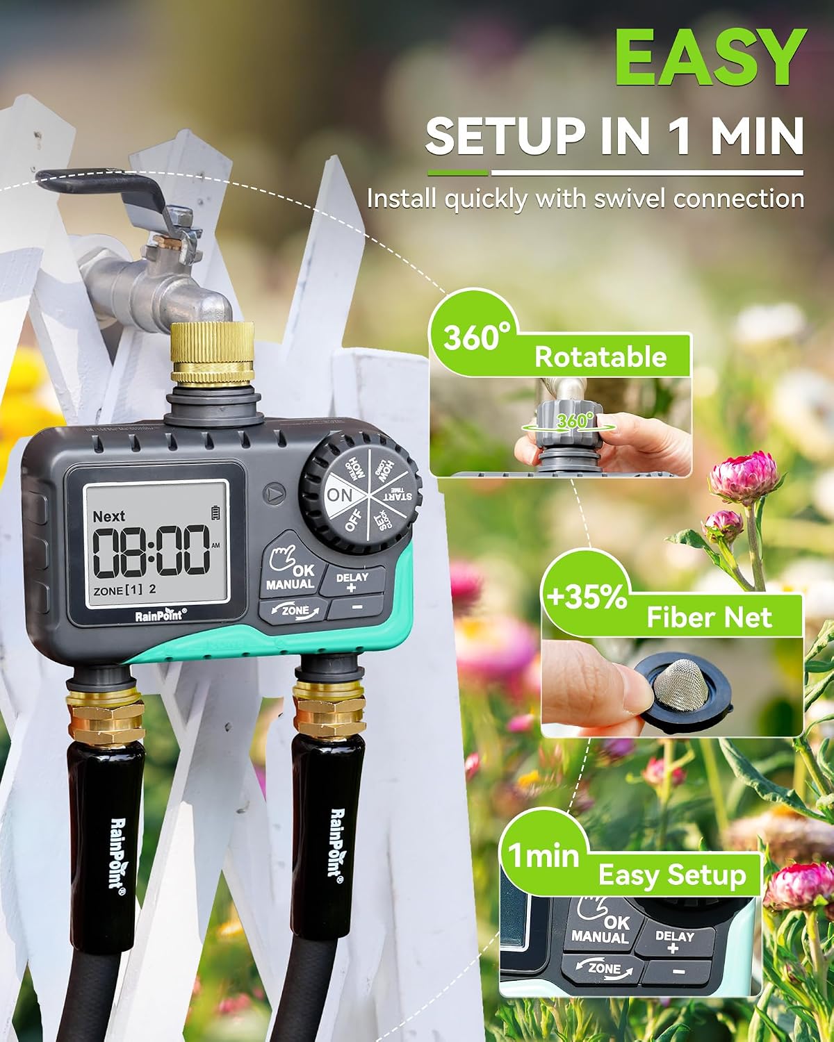 RAINPOINT 2 Zone Sprinkler Timer with Brass Inlet and Outlet - Water Timer for Garden Hose with Rain Delay/Manual