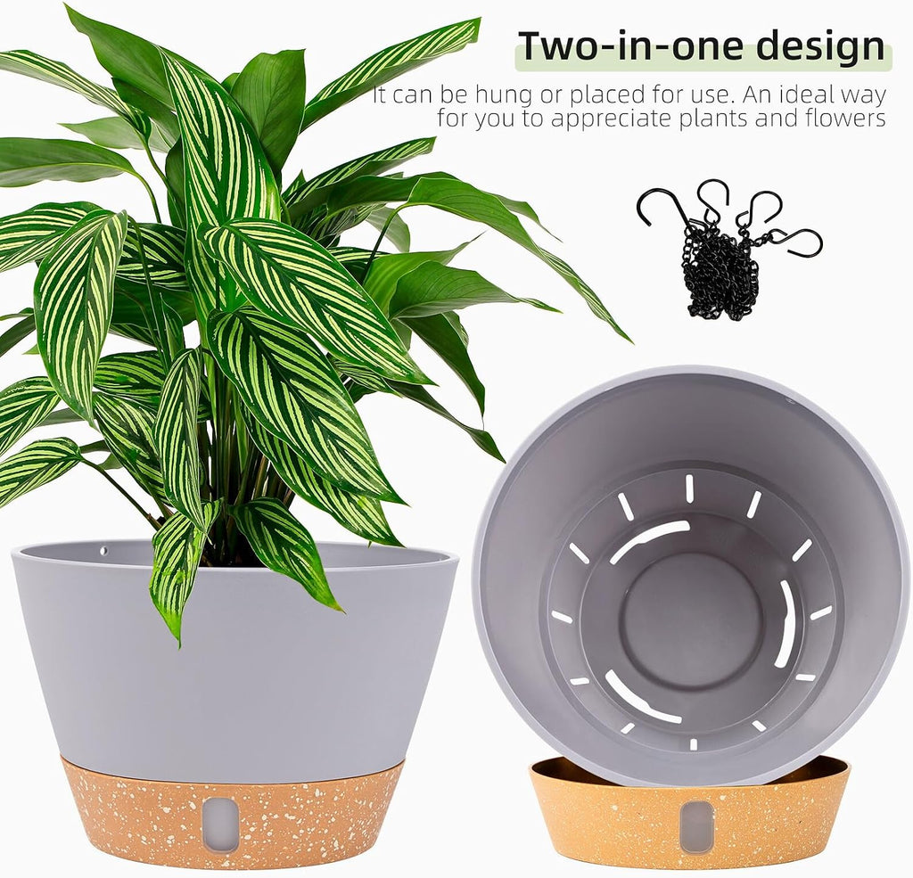 QCQHDU 2 Pack 10 Inch Hanging Planters for Indoor Outdoor Plants, Hanging Baskets Flower Pots with Reservoir Tray &