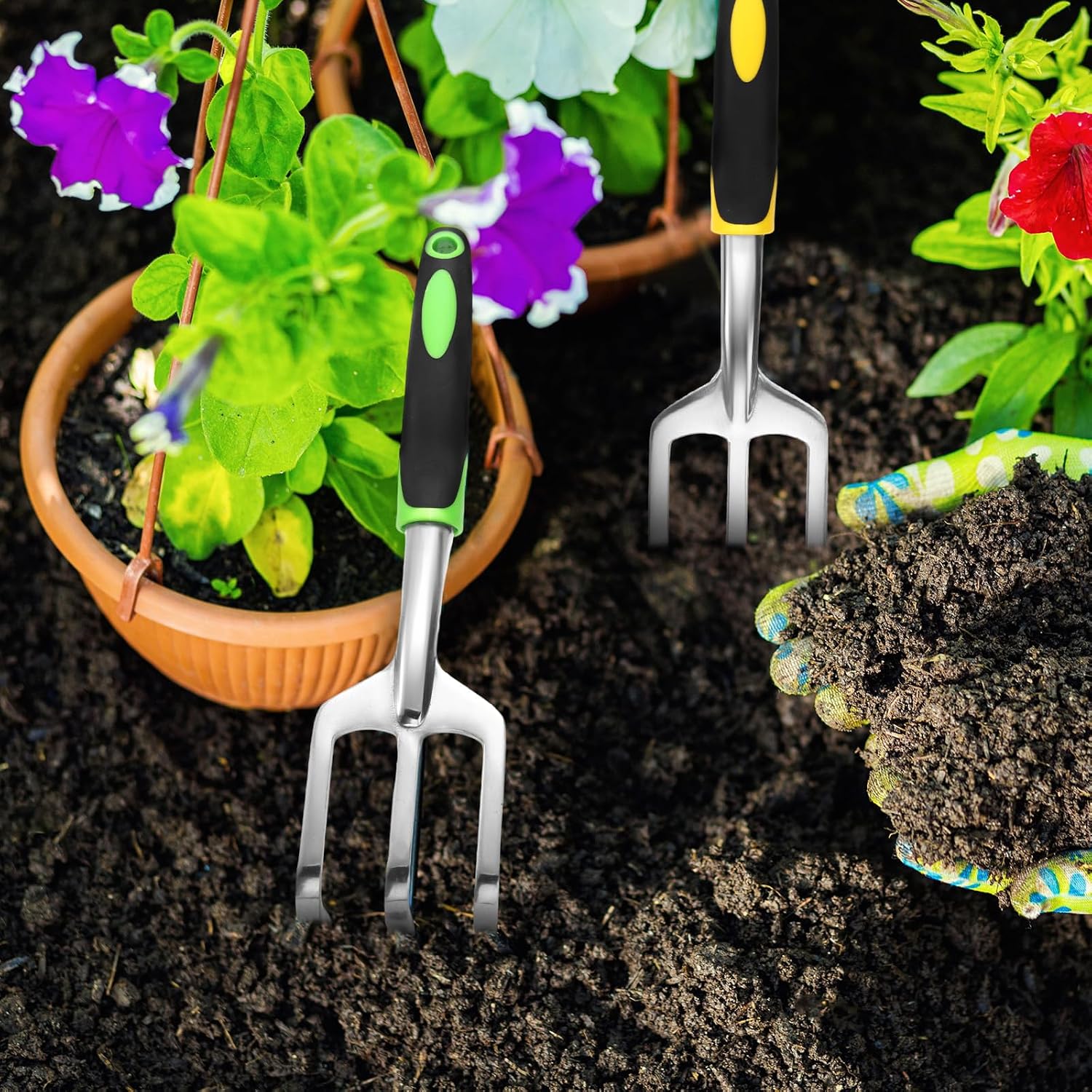 Yaocom 12 Pcs Hand Rake Garden Tool Mini Rake Heavy Duty Garden Cultivator 11 Inches Small Rake for Gardening Aluminum