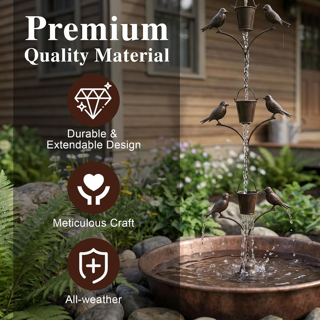 Topadorn 6.3 FT Rain Chain for Gutters, Metal Bird & Bucket, Bronze Finish | Decorative Gutter Chain with Bird and
