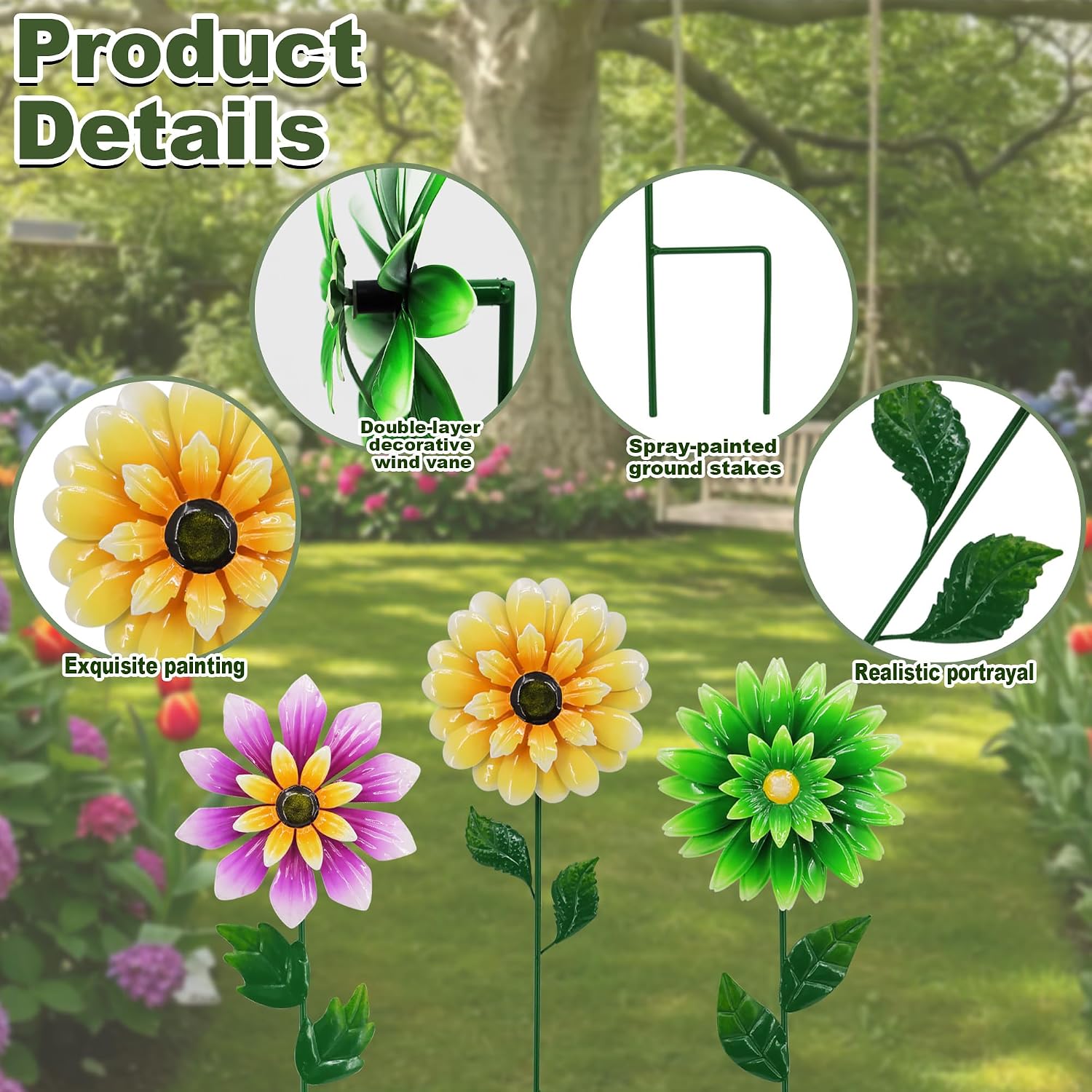 3 Pack Metal Flower Wind Spinner 18in Garden Stake Kinetic Yard Art | Retro Floral Design、Weather Resistant、Spring