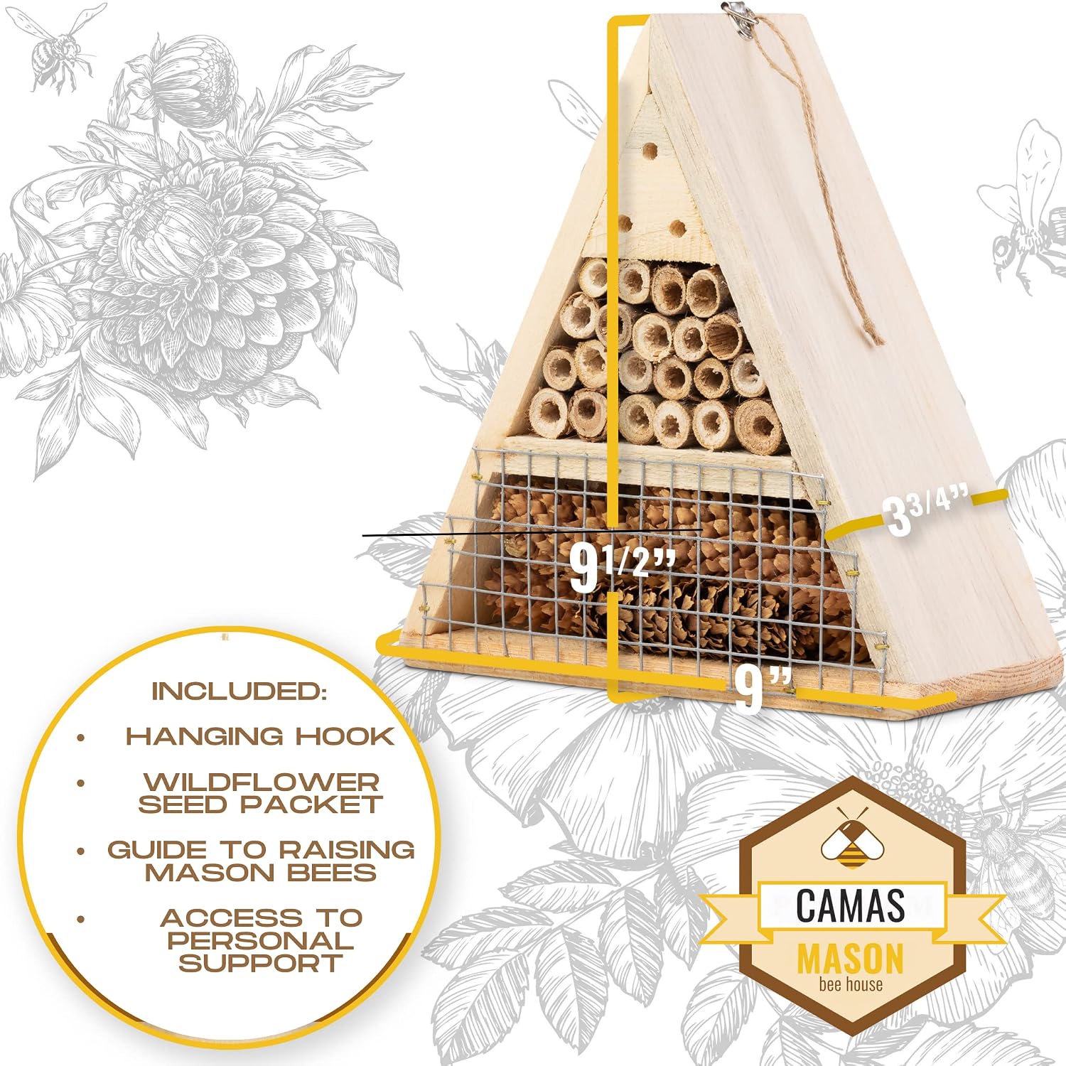Mason Bee House - Handmade USA Natural Elderberry Bee Hotel - Bee Hive Attracts Peaceful Bee Pollinators to Enhance