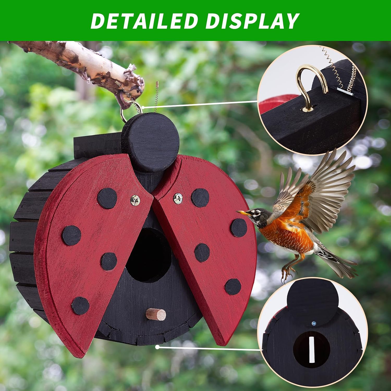 Bird Houses for Outside - Wooden Hanging Bird House - Ladybug-Shaped Birdhouse for Finches, Wrens, Cardinals - Outdoors