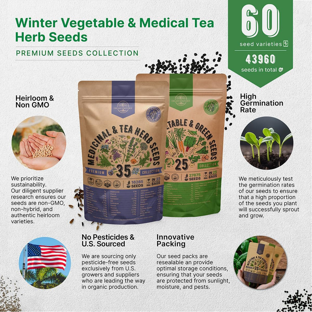 35 Medicinal & Tea Herb Seeds & 25 Winter Vegetable & Greens Seeds Variety Pack Bundle, 44,000+ Non-GMO Heirloom Garden