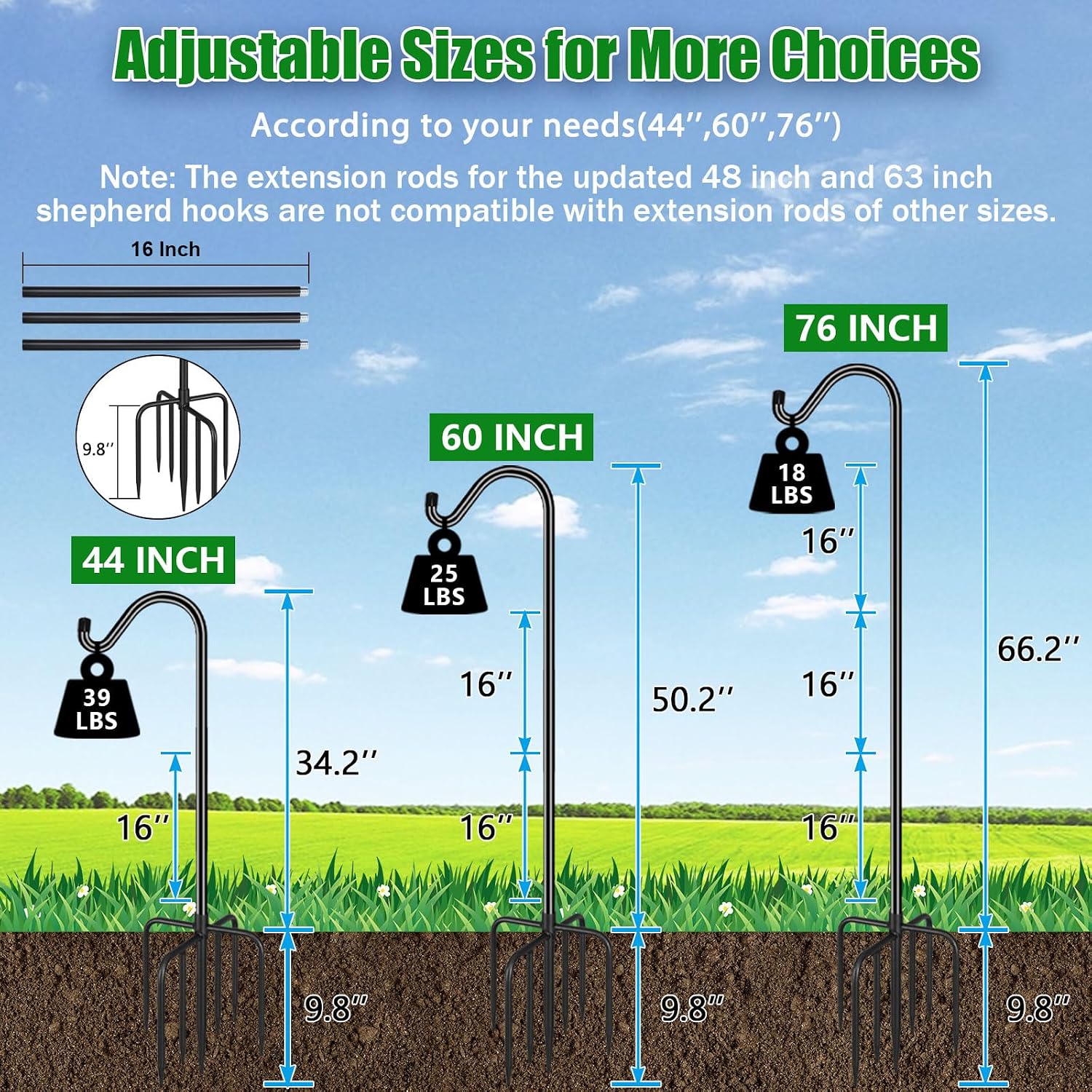 76'' Bird Feeder Pole, Heavy Duty Shepherds Hooks for Outdoor with 7-Prong Base, Adjustable Shepherds Hook for